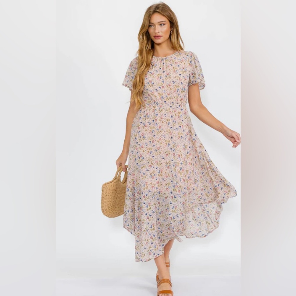 Pink and Blue Flutter Sleeve Midi Sundress